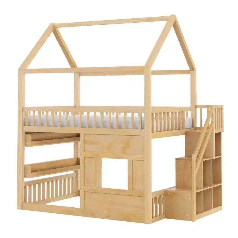 Full Size Loft Bed Wooden House Bed Frame, Built-in Shelf with LED Light & Safety Guardrails - ModernLuxe