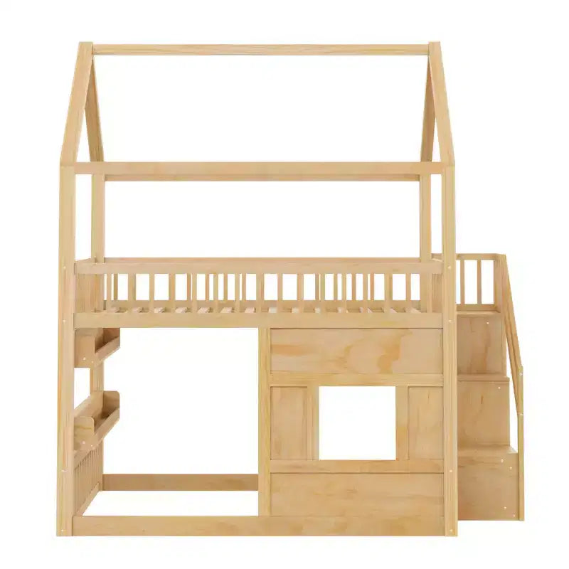 Full Size Loft Bed Wooden House Bed Frame, Built-in Shelf with LED Light & Safety Guardrails - ModernLuxe