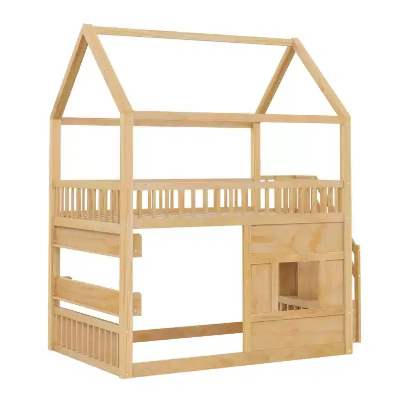 Full Size Loft Bed Wooden House Bed Frame, Built-in Shelf with LED Light & Safety Guardrails - ModernLuxe
