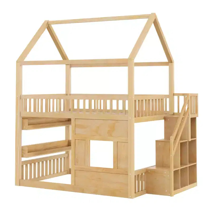 Full Size Loft Bed Wooden House Bed Frame, Built-in Shelf with LED Light & Safety Guardrails - ModernLuxe
