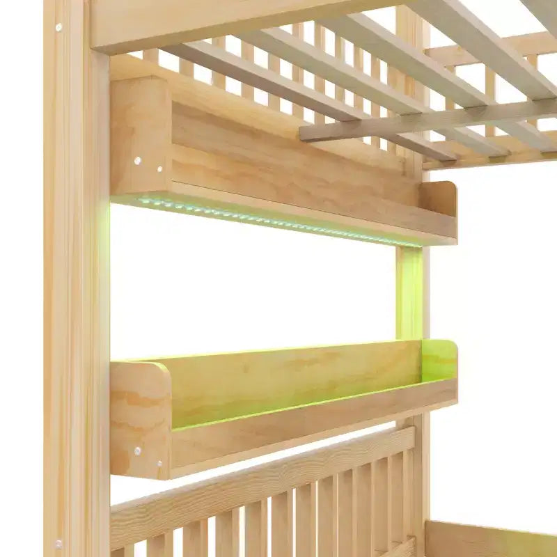 Full Size Loft Bed Wooden House Bed Frame, Built-in Shelf with LED Light & Safety Guardrails - ModernLuxe