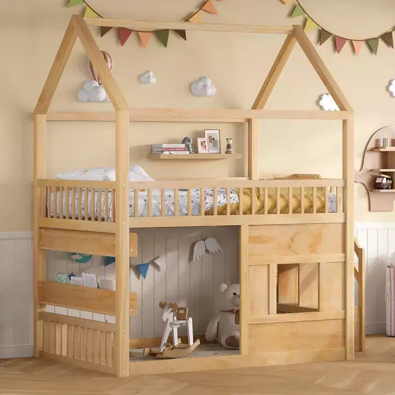 Full Size Loft Bed Wooden House Bed Frame, Built-in Shelf with LED Light & Safety Guardrails - ModernLuxe