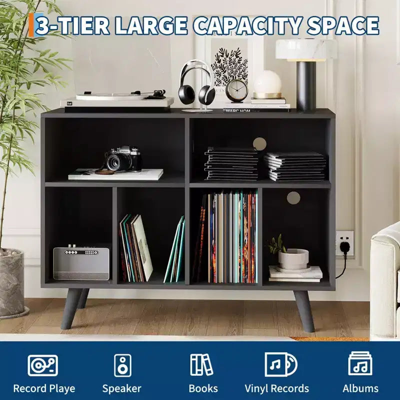 Record Player Stand with Vinyl Record Storage - Turntable Stand with Record Storage - Wood Record Holder Player Cabinet