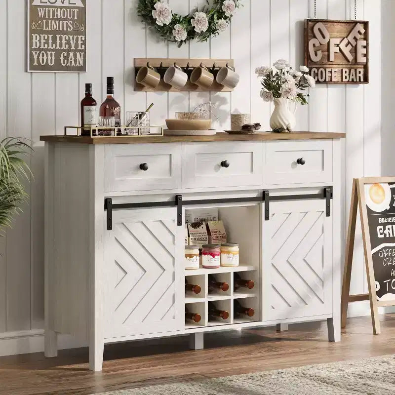 Farmhouse Sideboard Buffet Cabinet with Wine Rack & Drawers, Wood Wine Bar Cabinet with Sliding Barn Doors, Rustic Coffee Station for Dining Room
