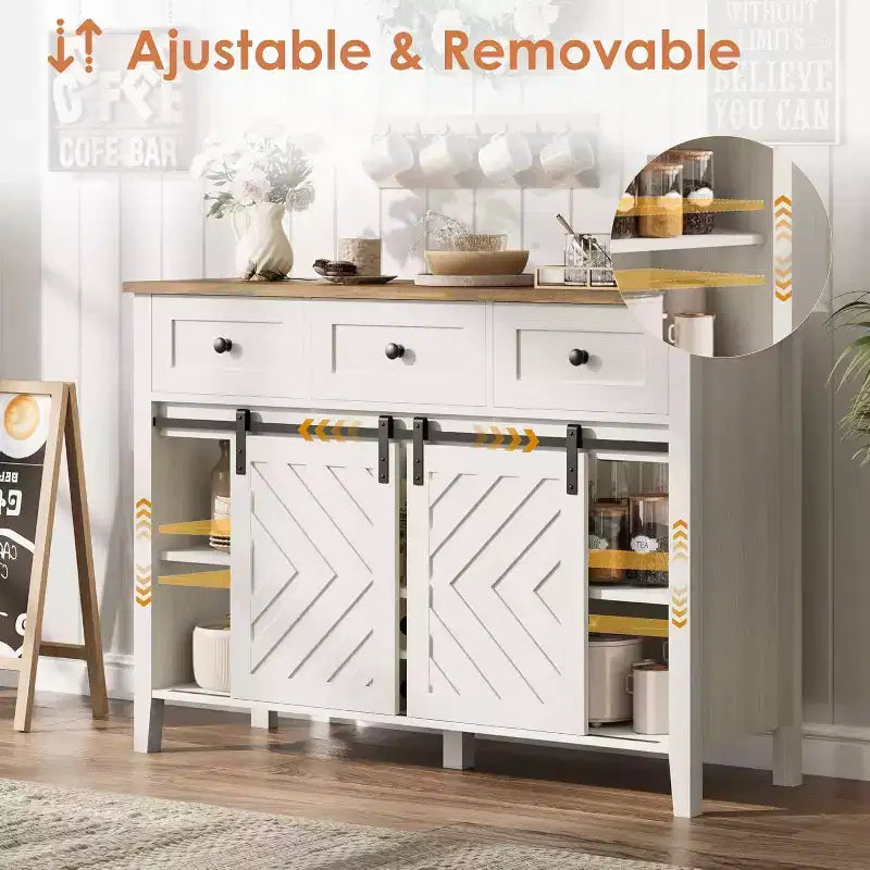 Farmhouse Sideboard Buffet Cabinet with Wine Rack & Drawers, Wood Wine Bar Cabinet with Sliding Barn Doors, Rustic Coffee Station for Dining Room