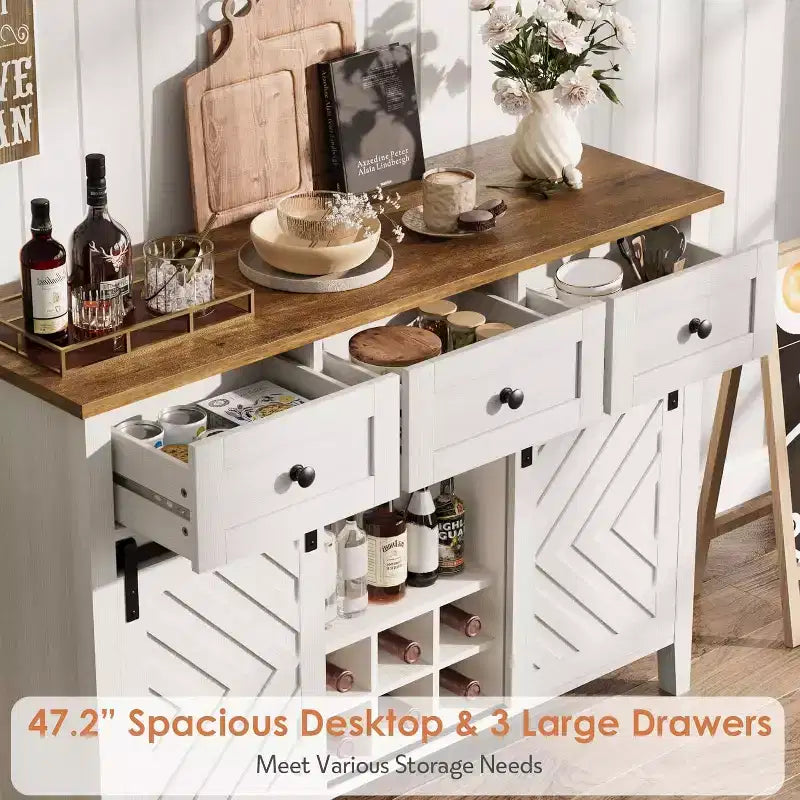 Farmhouse Sideboard Buffet Cabinet with Wine Rack & Drawers, Wood Wine Bar Cabinet with Sliding Barn Doors, Rustic Coffee Station for Dining Room