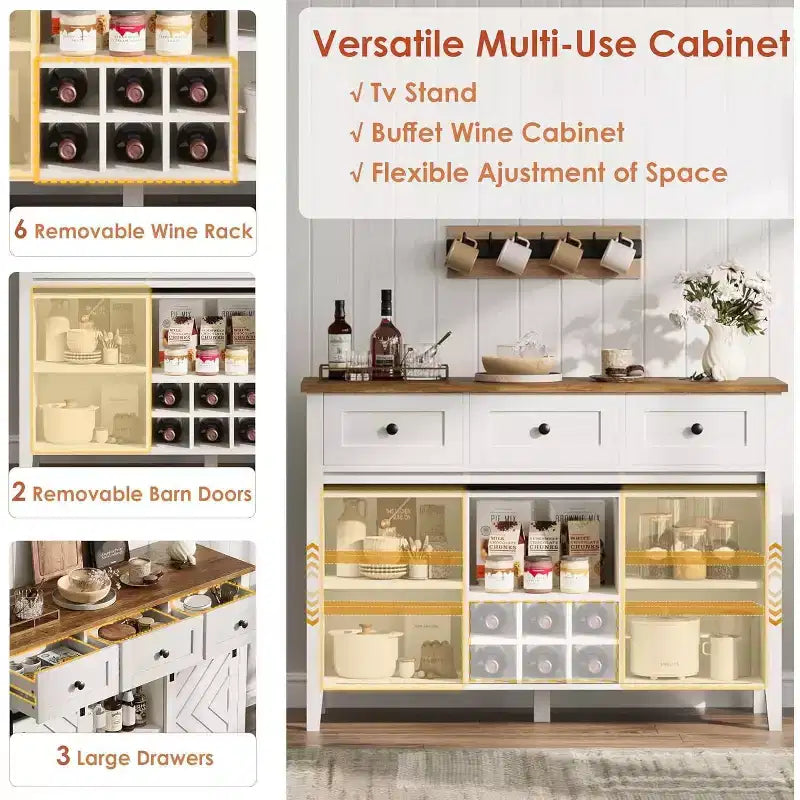 Farmhouse Sideboard Buffet Cabinet with Wine Rack & Drawers, Wood Wine Bar Cabinet with Sliding Barn Doors, Rustic Coffee Station for Dining Room