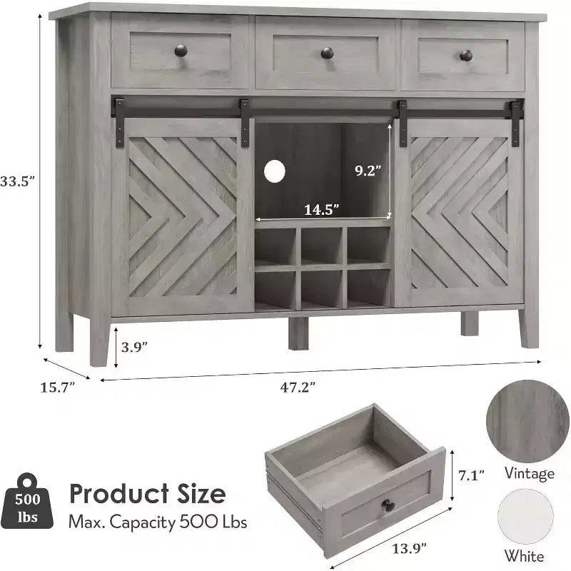 Farmhouse Sideboard Buffet Cabinet with Wine Rack & Drawers, Wood Wine Bar Cabinet with Sliding Barn Doors, Rustic Coffee Station for Dining Room