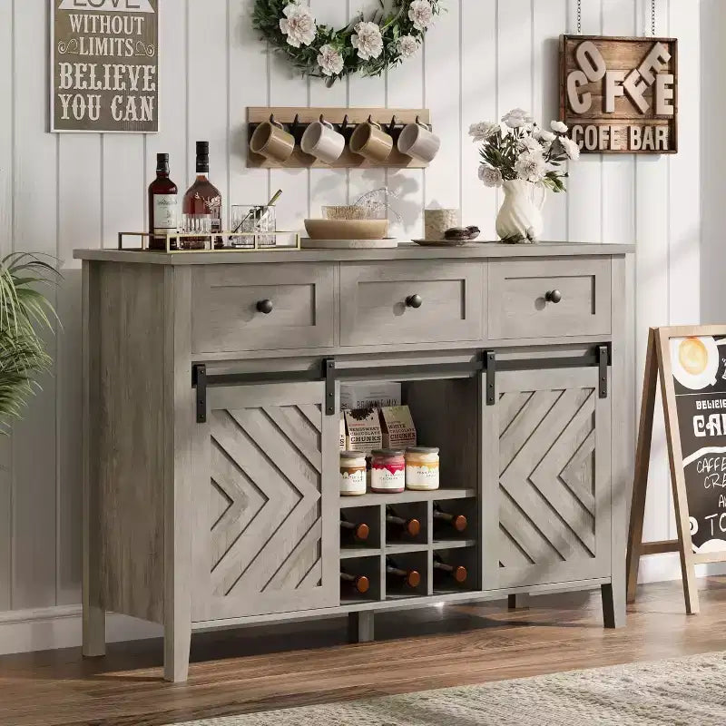 Farmhouse Sideboard Buffet Cabinet with Wine Rack & Drawers, Wood Wine Bar Cabinet with Sliding Barn Doors, Rustic Coffee Station for Dining Room