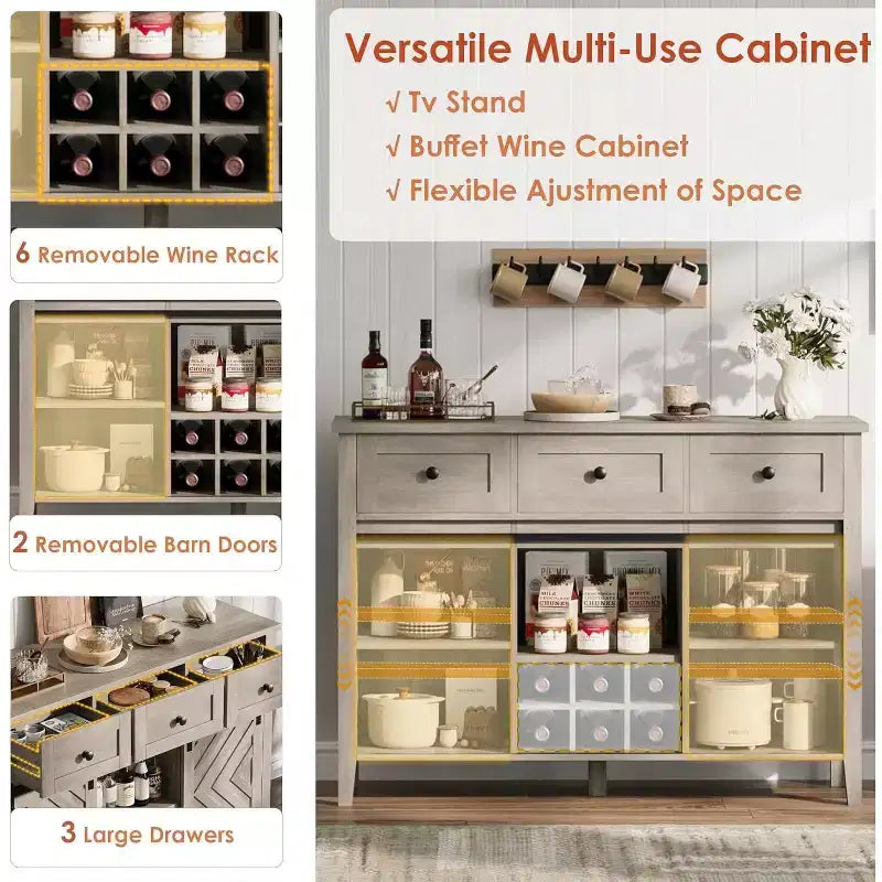 Farmhouse Sideboard Buffet Cabinet with Wine Rack & Drawers, Wood Wine Bar Cabinet with Sliding Barn Doors, Rustic Coffee Station for Dining Room