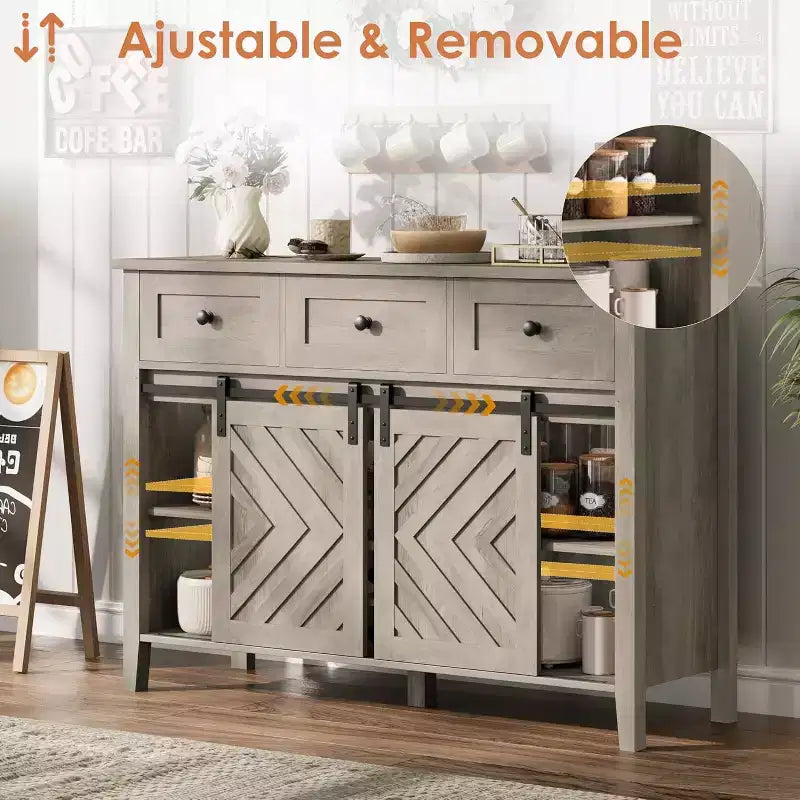 Farmhouse Sideboard Buffet Cabinet with Wine Rack & Drawers, Wood Wine Bar Cabinet with Sliding Barn Doors, Rustic Coffee Station for Dining Room