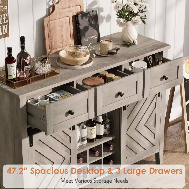 Farmhouse Sideboard Buffet Cabinet with Wine Rack & Drawers, Wood Wine Bar Cabinet with Sliding Barn Doors, Rustic Coffee Station for Dining Room