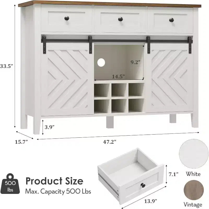 Farmhouse Sideboard Buffet Cabinet with Wine Rack & Drawers, Wood Wine Bar Cabinet with Sliding Barn Doors, Rustic Coffee Station for Dining Room