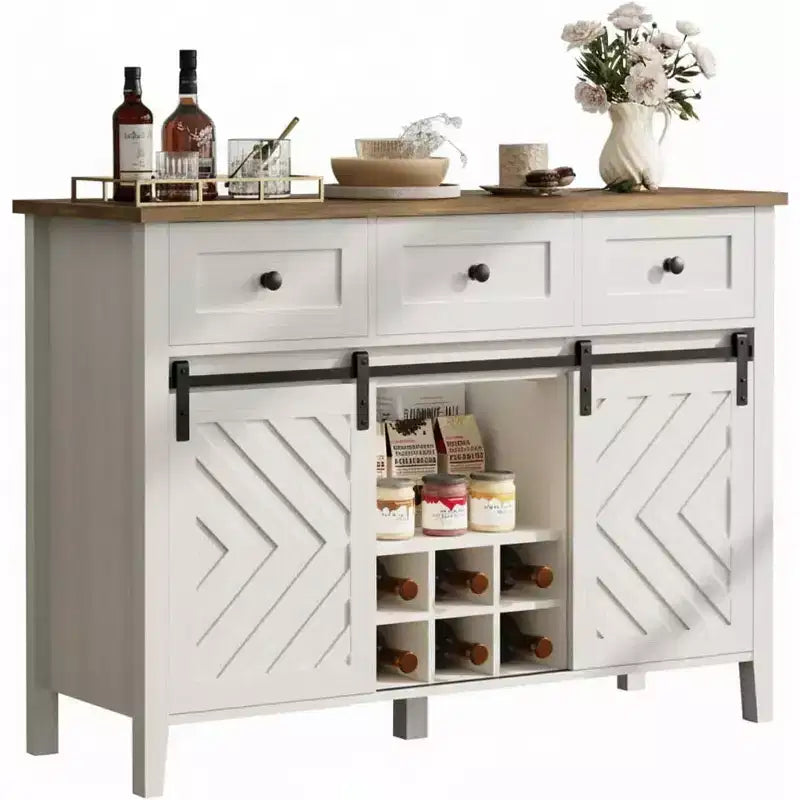 Farmhouse Sideboard Buffet Cabinet with Wine Rack & Drawers, Wood Wine Bar Cabinet with Sliding Barn Doors, Rustic Coffee Station for Dining Room