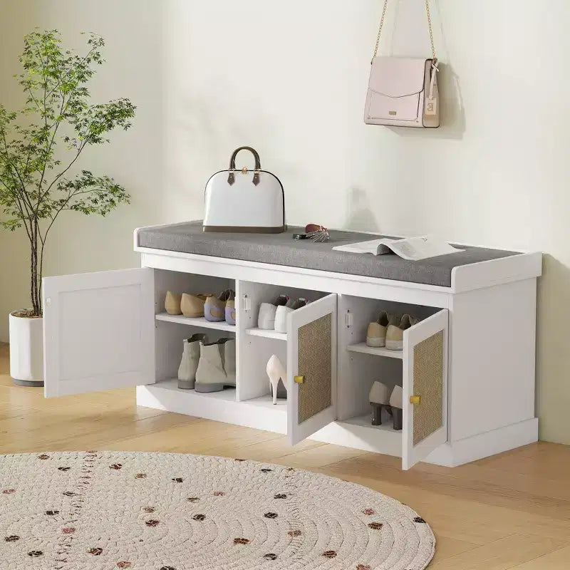 HOMCOM Shoe Storage Bench with Woven Rattan, Shoe Bench with Cushion, Adjustable Shelves, Entryway Bench for Bedroom, Living Room
