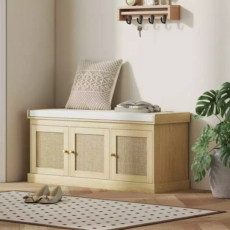 HOMCOM Shoe Storage Bench with Woven Rattan, Shoe Bench with Cushion, Adjustable Shelves, Entryway Bench for Bedroom, Living Room