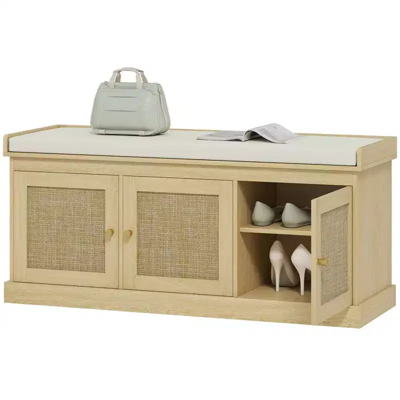 HOMCOM Shoe Storage Bench with Woven Rattan, Shoe Bench with Cushion, Adjustable Shelves, Entryway Bench for Bedroom, Living Room