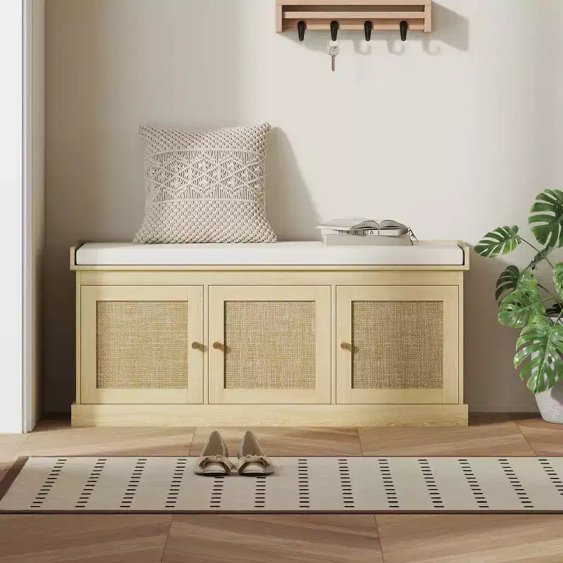 HOMCOM Shoe Storage Bench with Woven Rattan, Shoe Bench with Cushion, Adjustable Shelves, Entryway Bench for Bedroom, Living Room