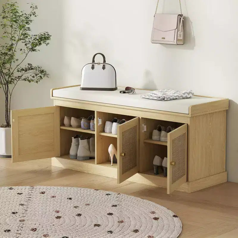 HOMCOM Shoe Storage Bench with Woven Rattan, Shoe Bench with Cushion, Adjustable Shelves, Entryway Bench for Bedroom, Living Room