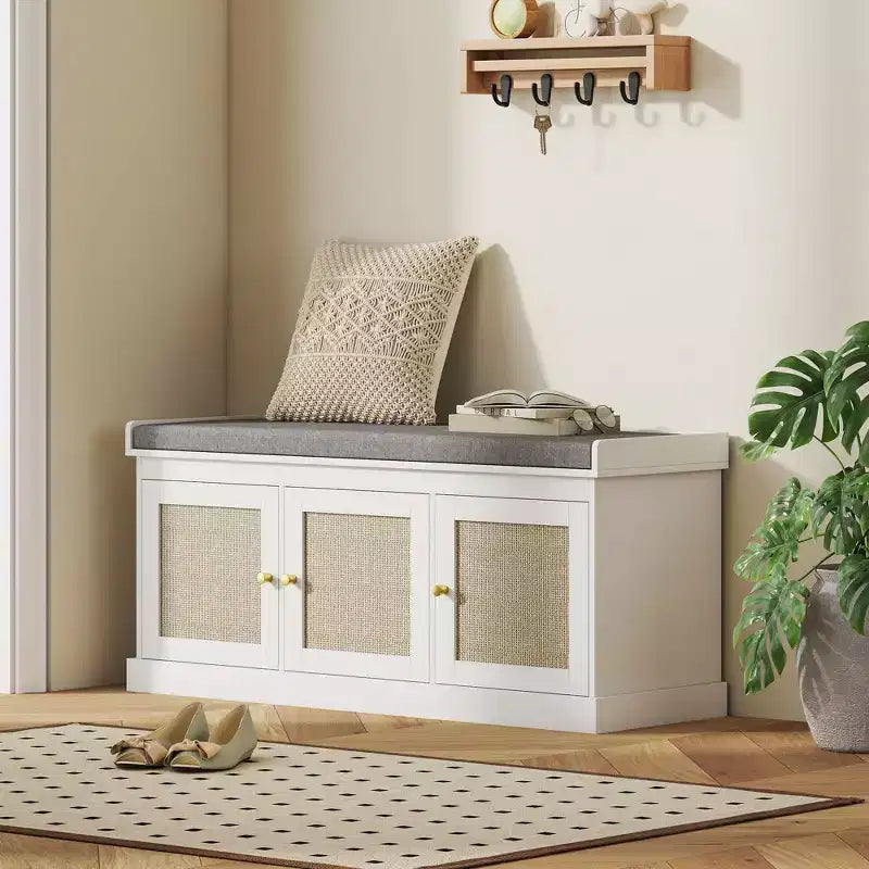 HOMCOM Shoe Storage Bench with Woven Rattan, Shoe Bench with Cushion, Adjustable Shelves, Entryway Bench for Bedroom, Living Room