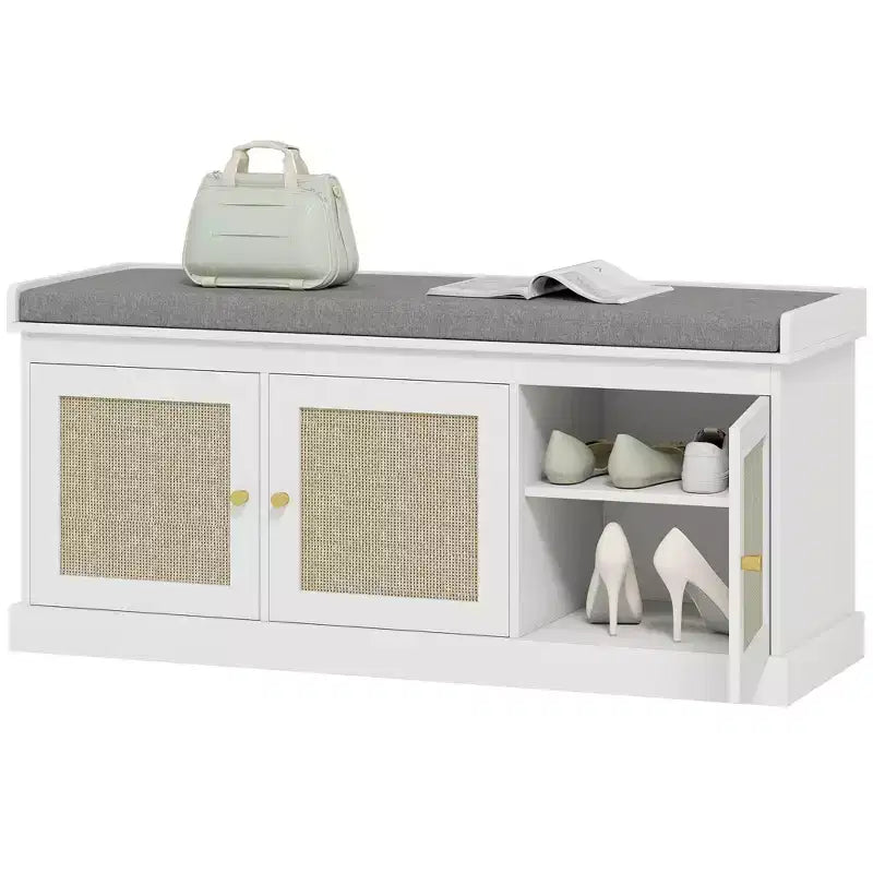 HOMCOM Shoe Storage Bench with Woven Rattan, Shoe Bench with Cushion, Adjustable Shelves, Entryway Bench for Bedroom, Living Room
