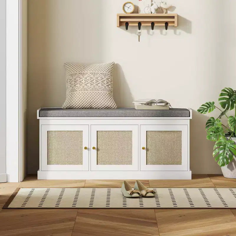 HOMCOM Shoe Storage Bench with Woven Rattan, Shoe Bench with Cushion, Adjustable Shelves, Entryway Bench for Bedroom, Living Room