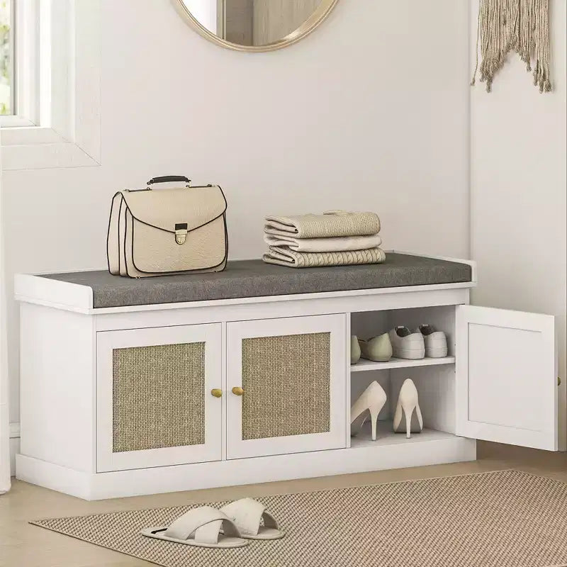 HOMCOM Shoe Storage Bench with Woven Rattan, Shoe Bench with Cushion, Adjustable Shelves, Entryway Bench for Bedroom, Living Room