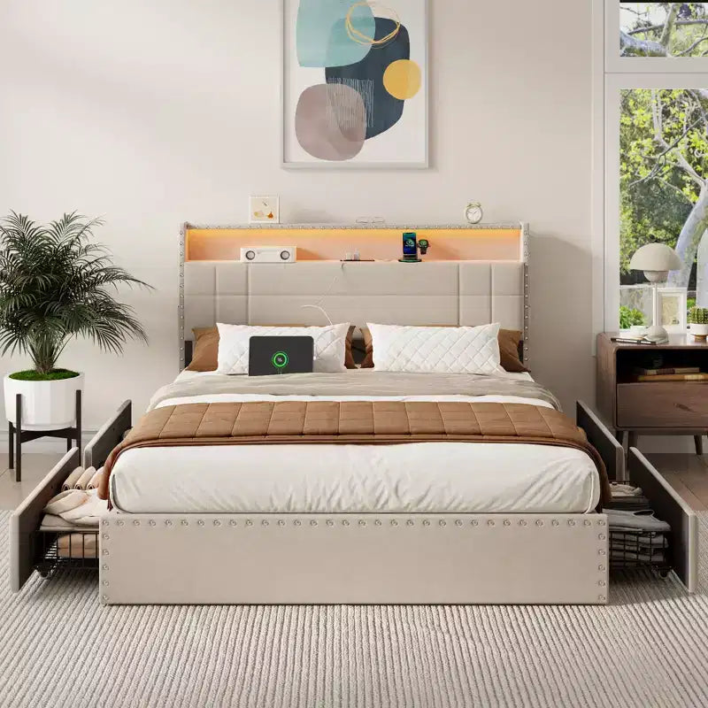 Modern Queen Bed Frame with Charging Station 4 Storage Drawers LED Lights Beige Upholstered Platform Headboard Metal Slats No Box Spring USB