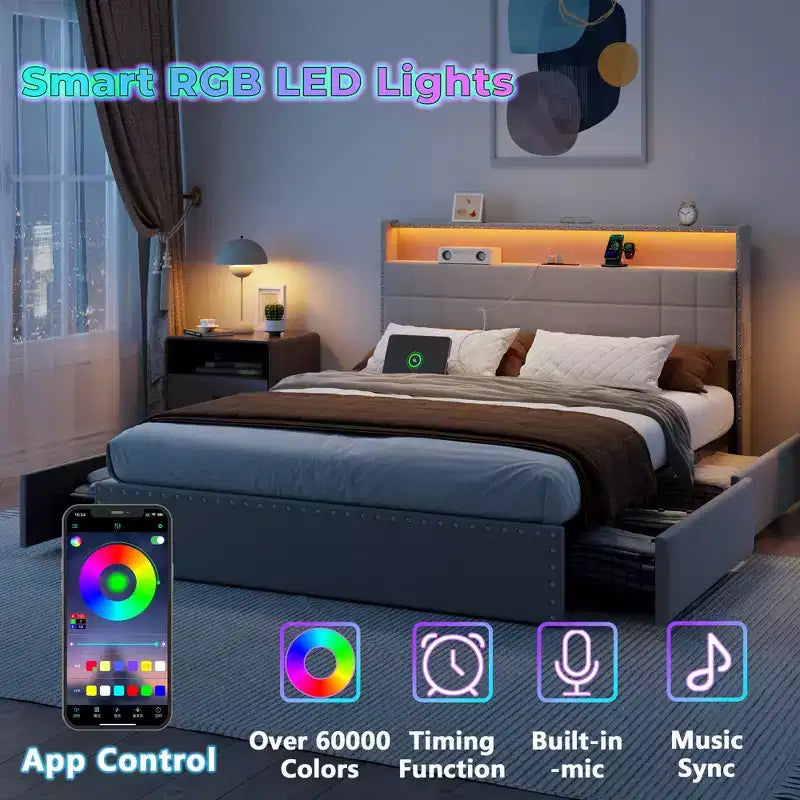 Modern Queen Bed Frame with Charging Station 4 Storage Drawers LED Lights Beige Upholstered Platform Headboard Metal Slats No Box Spring USB