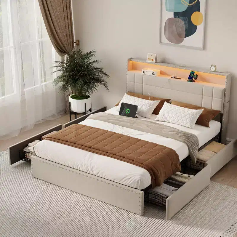 Modern Queen Bed Frame with Charging Station 4 Storage Drawers LED Lights Beige Upholstered Platform Headboard Metal Slats No Box Spring USB