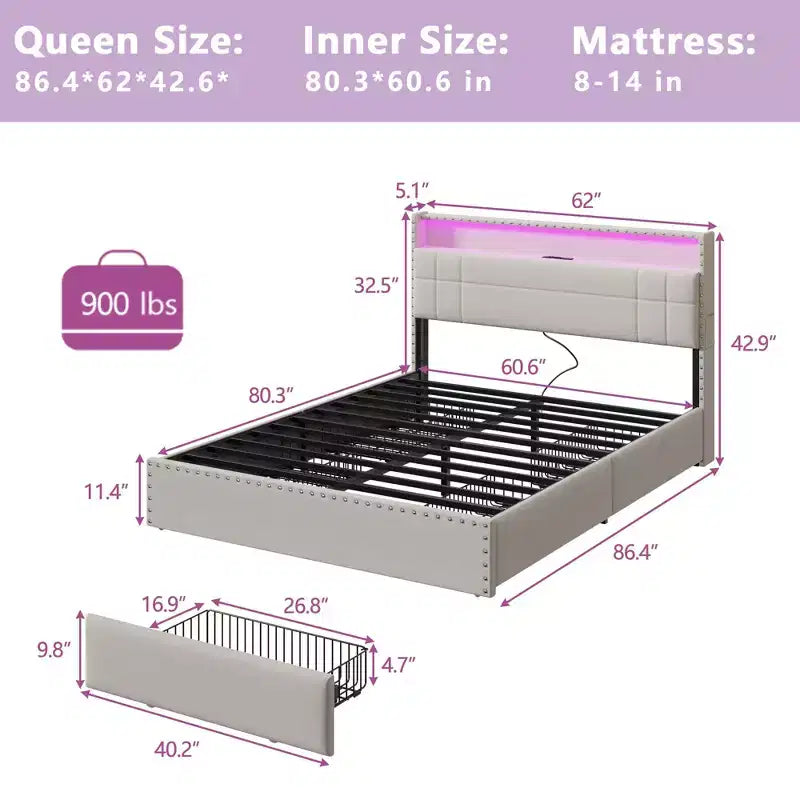 Modern Queen Bed Frame with Charging Station 4 Storage Drawers LED Lights Beige Upholstered Platform Headboard Metal Slats No Box Spring USB