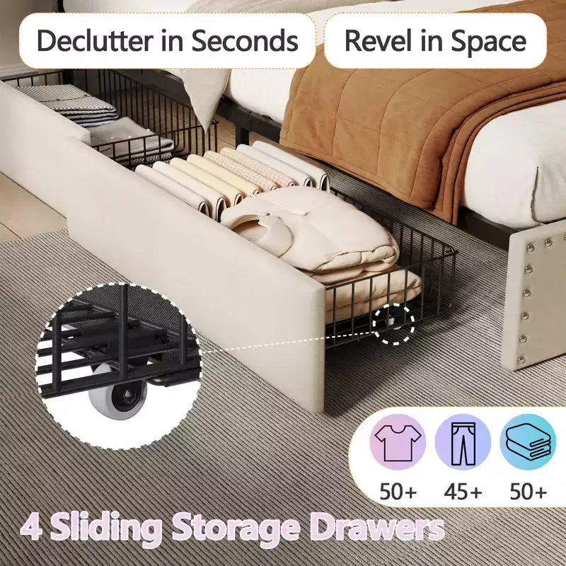 Modern Queen Bed Frame with Charging Station 4 Storage Drawers LED Lights Beige Upholstered Platform Headboard Metal Slats No Box Spring USB