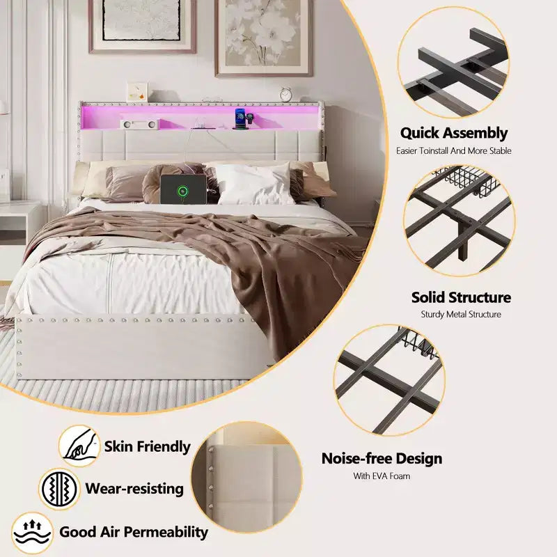 Modern Queen Bed Frame with Charging Station 4 Storage Drawers LED Lights Beige Upholstered Platform Headboard Metal Slats No Box Spring USB