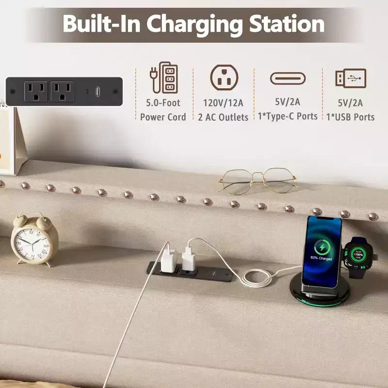Modern Queen Bed Frame with Charging Station 4 Storage Drawers LED Lights Beige Upholstered Platform Headboard Metal Slats No Box Spring USB