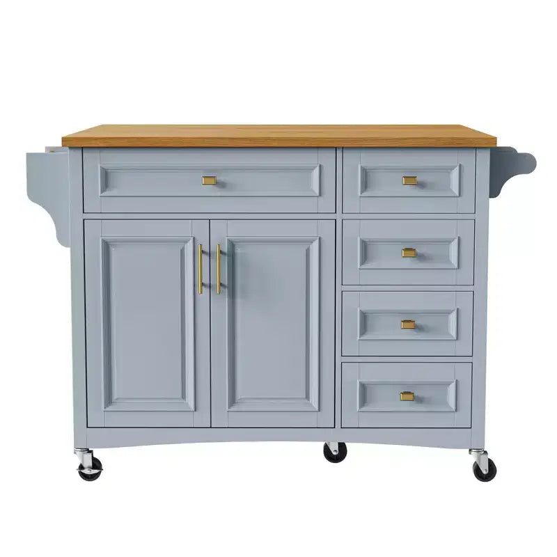 sumyeg 52 Rolling Kitchen Island with Drop Leaf, Spice Rack, Towel Rack, 2 Doors, 5 Drawers, Adjustable Shelf (No Stools)