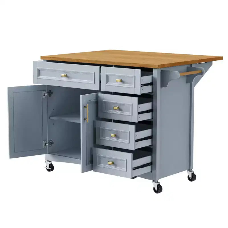sumyeg 52 Rolling Kitchen Island with Drop Leaf, Spice Rack, Towel Rack, 2 Doors, 5 Drawers, Adjustable Shelf (No Stools)