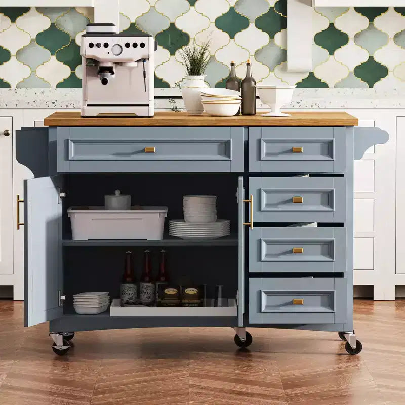 sumyeg 52 Rolling Kitchen Island with Drop Leaf, Spice Rack, Towel Rack, 2 Doors, 5 Drawers, Adjustable Shelf (No Stools)