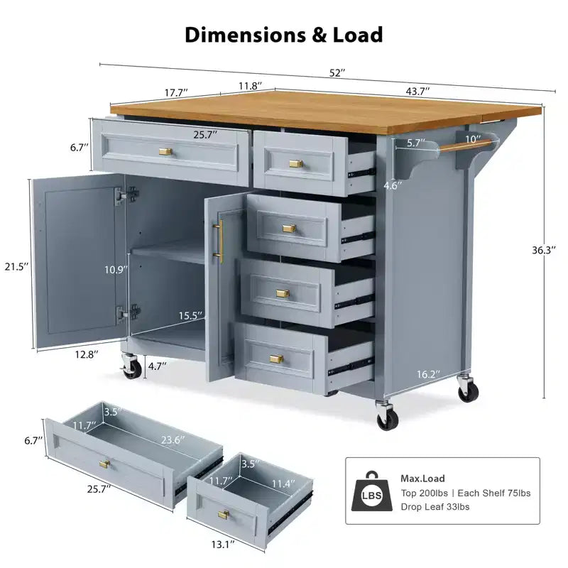sumyeg 52 Rolling Kitchen Island with Drop Leaf, Spice Rack, Towel Rack, 2 Doors, 5 Drawers, Adjustable Shelf (No Stools)