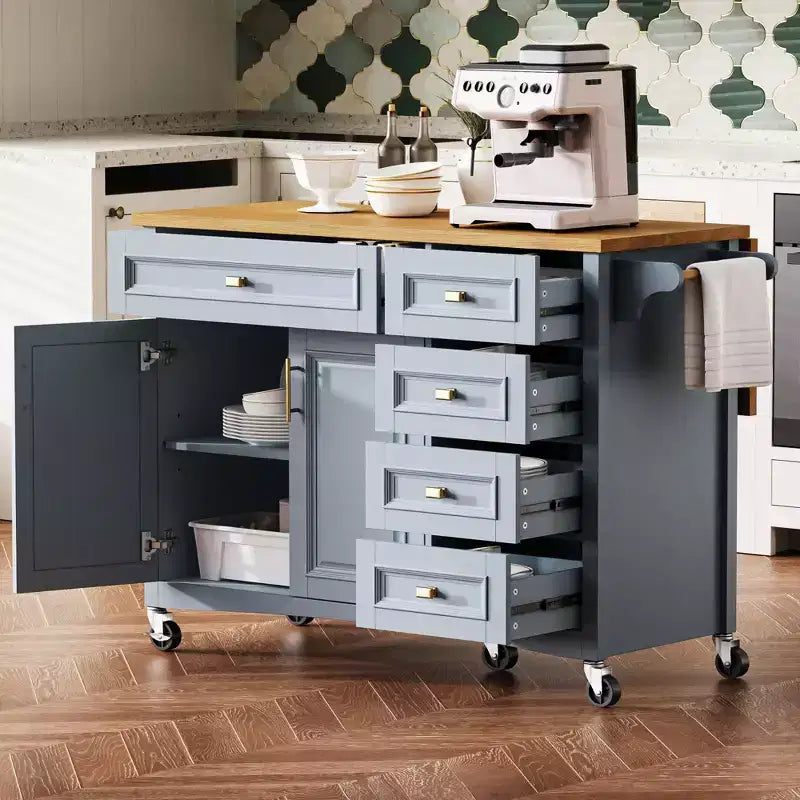 sumyeg 52 Rolling Kitchen Island with Drop Leaf, Spice Rack, Towel Rack, 2 Doors, 5 Drawers, Adjustable Shelf (No Stools)