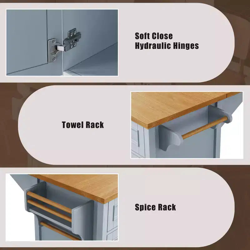 sumyeg 52 Rolling Kitchen Island with Drop Leaf, Spice Rack, Towel Rack, 2 Doors, 5 Drawers, Adjustable Shelf (No Stools)