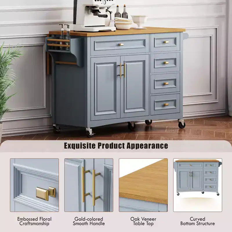 sumyeg 52 Rolling Kitchen Island with Drop Leaf, Spice Rack, Towel Rack, 2 Doors, 5 Drawers, Adjustable Shelf (No Stools)