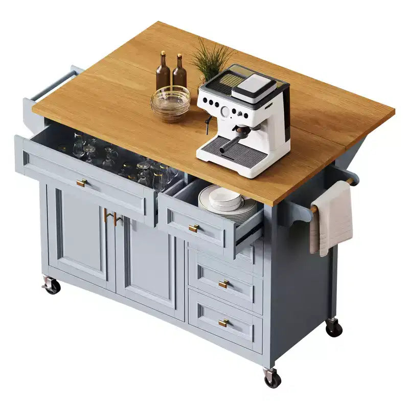 sumyeg 52 Rolling Kitchen Island with Drop Leaf, Spice Rack, Towel Rack, 2 Doors, 5 Drawers, Adjustable Shelf (No Stools)