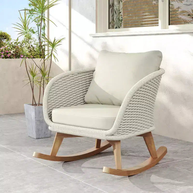 Rocking Chair for Indoor & Outdoor, Patio Wicker Accent Chair Armchair with Soft Cushion & Durable Wood Frame - ModernLuxe