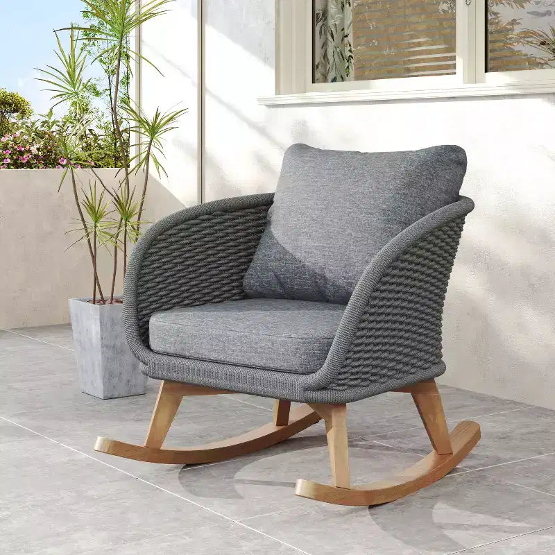 Rocking Chair for Indoor & Outdoor, Patio Wicker Accent Chair Armchair with Soft Cushion & Durable Wood Frame - ModernLuxe