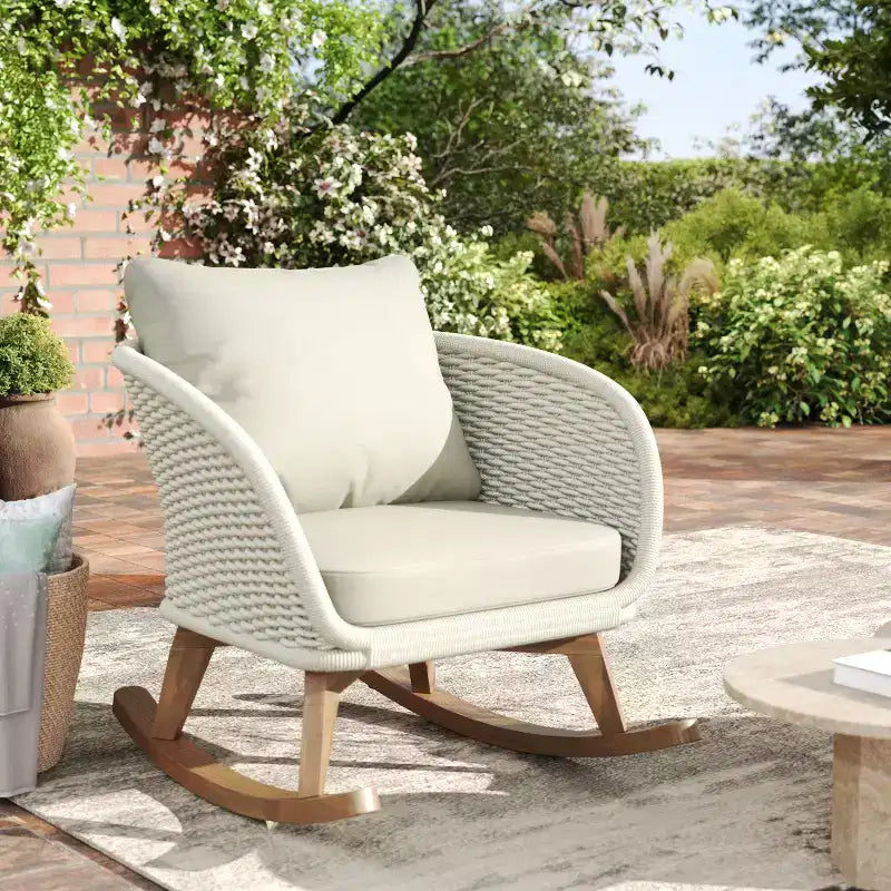 Rocking Chair for Indoor & Outdoor, Patio Wicker Accent Chair Armchair with Soft Cushion & Durable Wood Frame - ModernLuxe