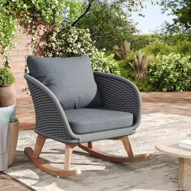 Rocking Chair for Indoor & Outdoor, Patio Wicker Accent Chair Armchair with Soft Cushion & Durable Wood Frame - ModernLuxe