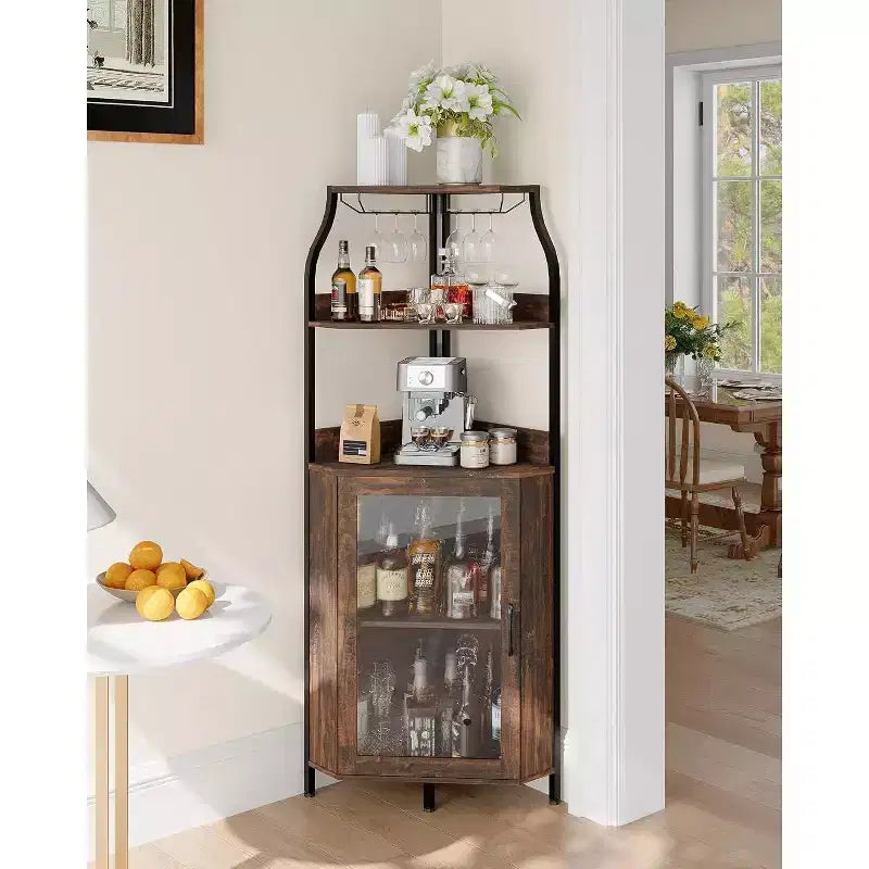 Garvee 4-Tier Corner Bar Cabinet, Freestanding Wine & Liquor Cabinet with Glass Door, Adjustable Shelf, Space-Saving Home Bar Storage
