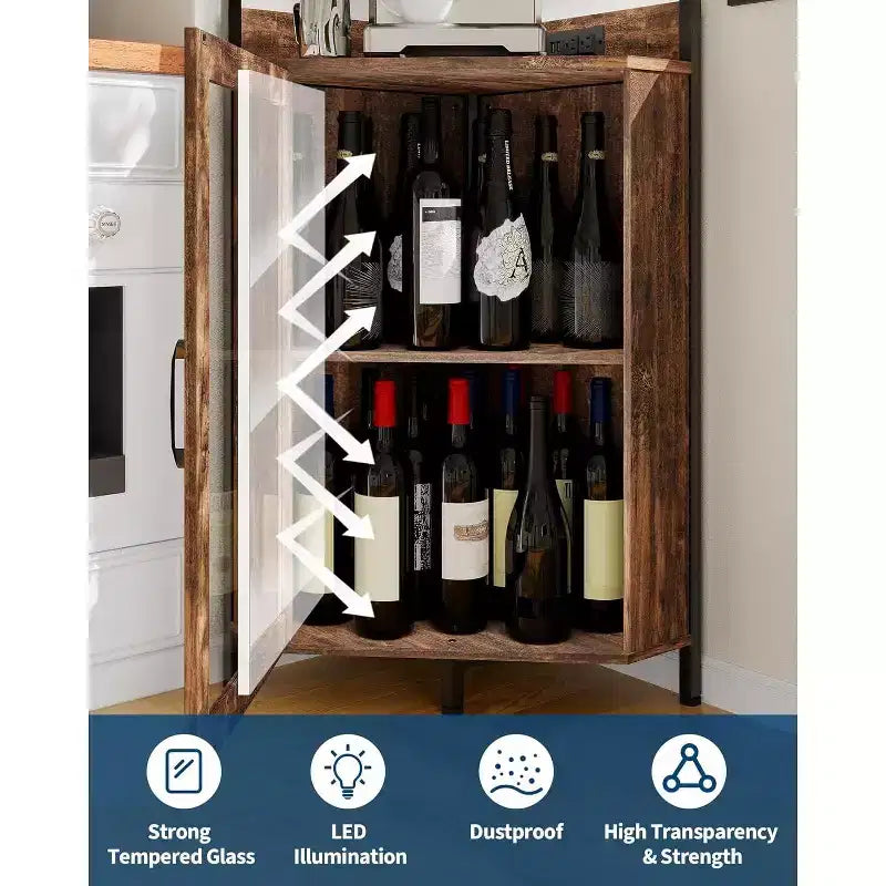 Garvee 4-Tier Corner Bar Cabinet, Freestanding Wine & Liquor Cabinet with Glass Door, Adjustable Shelf, Space-Saving Home Bar Storage