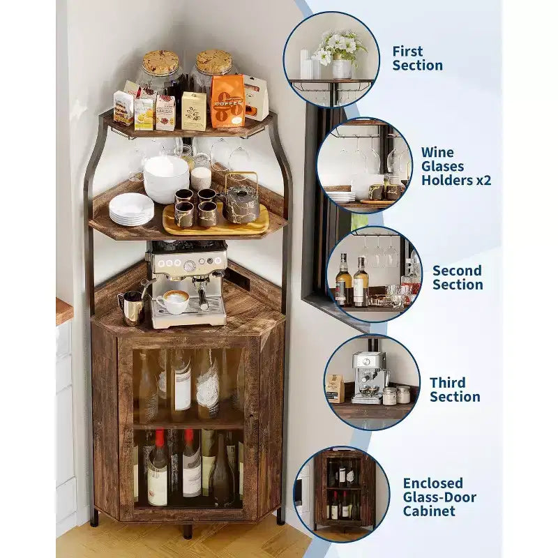 Garvee 4-Tier Corner Bar Cabinet, Freestanding Wine & Liquor Cabinet with Glass Door, Adjustable Shelf, Space-Saving Home Bar Storage