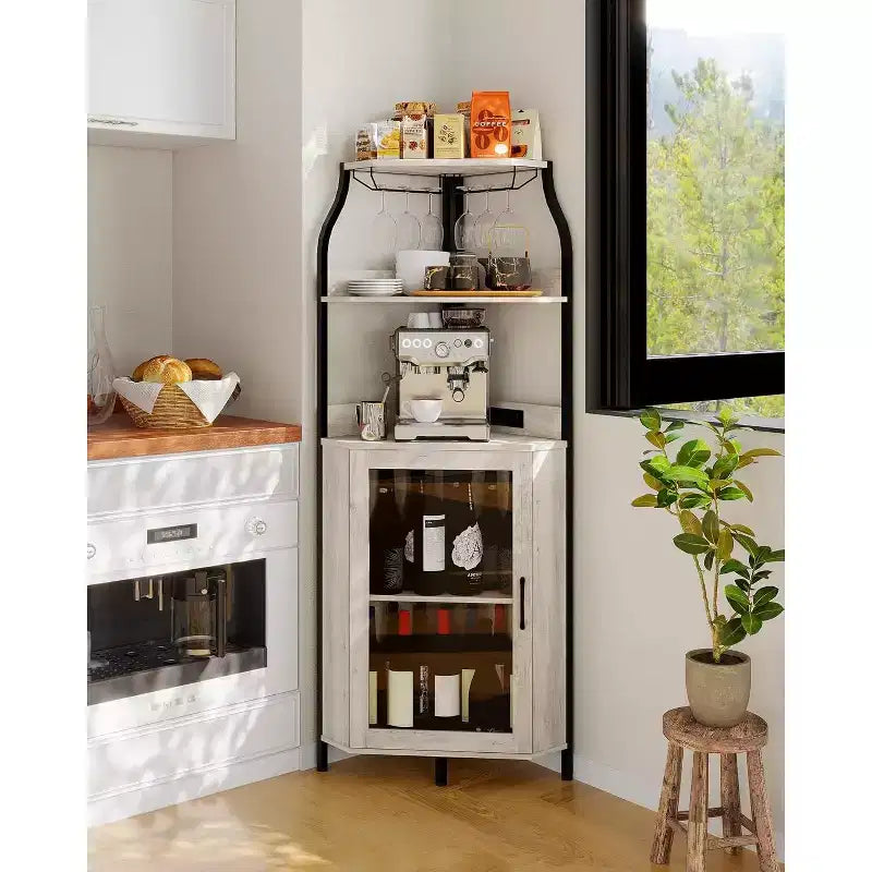 Garvee 4-Tier Corner Bar Cabinet, Freestanding Wine & Liquor Cabinet with Glass Door, Adjustable Shelf, Space-Saving Home Bar Storage